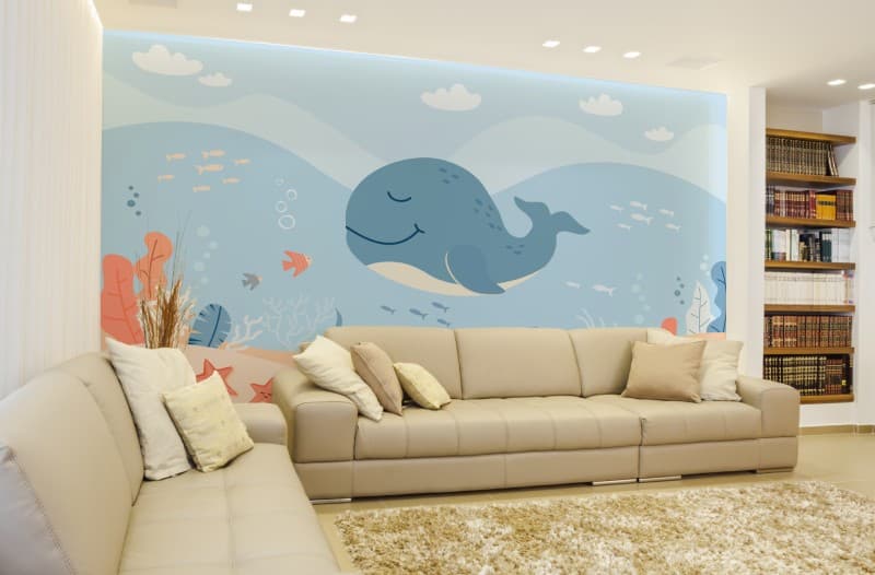 Boho Cute Whale Marine Theme Wallpaper Mural shown in a room