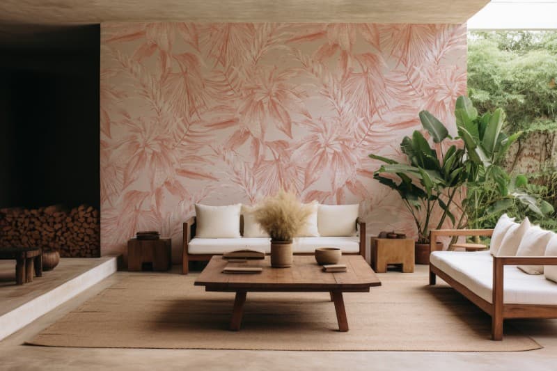 Pastel Tone Leaves Mural Art Wallpaper shown in a room