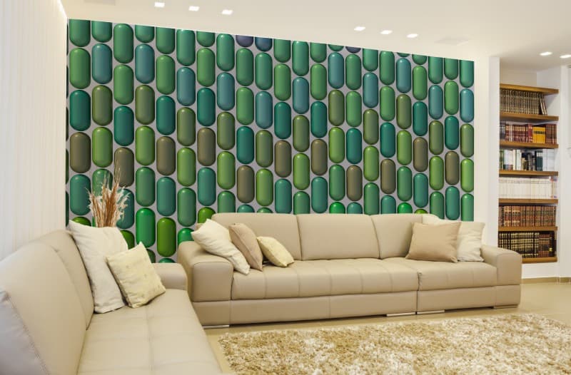 3D Green Abstract Shapes Wallpaper Mural shown in a room