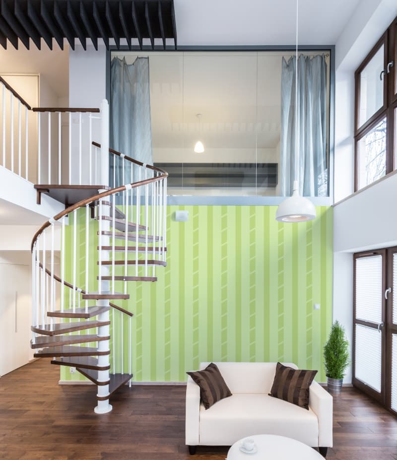 Modern Green Striped Pattern Decorative Wallpaper shown in a room