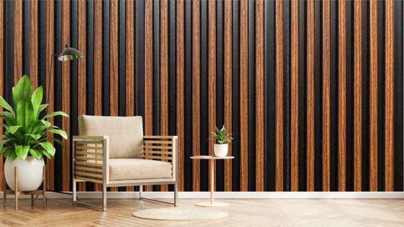 Brown Wooden Slatted Panel Wallpaper Mural shown in a room