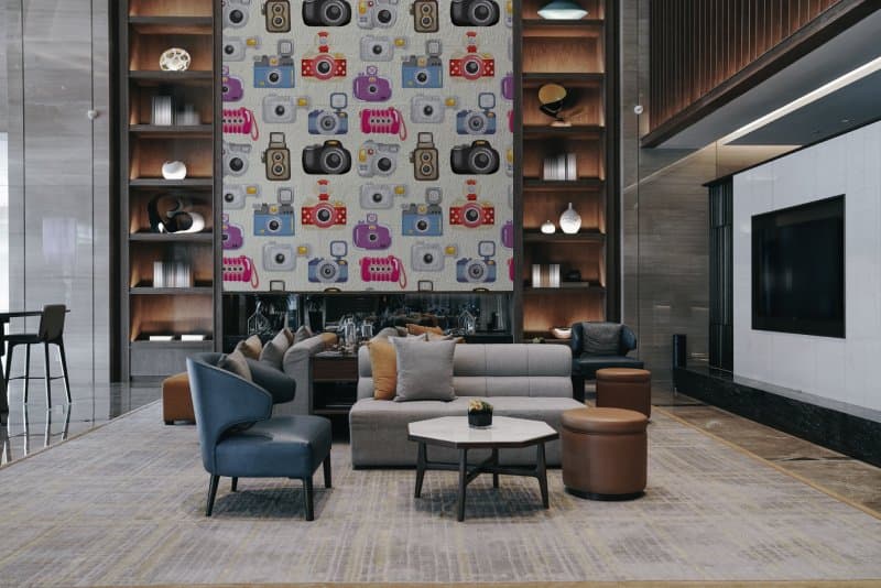 Camera Pattern Wallpaper Mural shown in a room