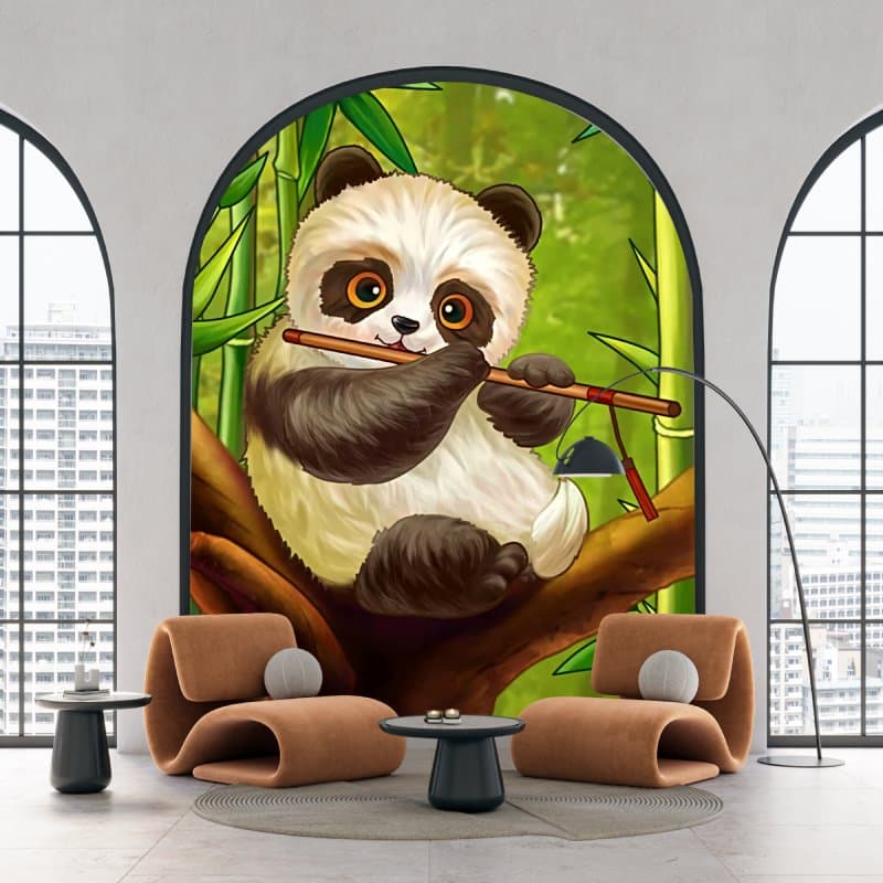 Cute Panda Cub Playing Flute Wallpaper Mural shown in a room