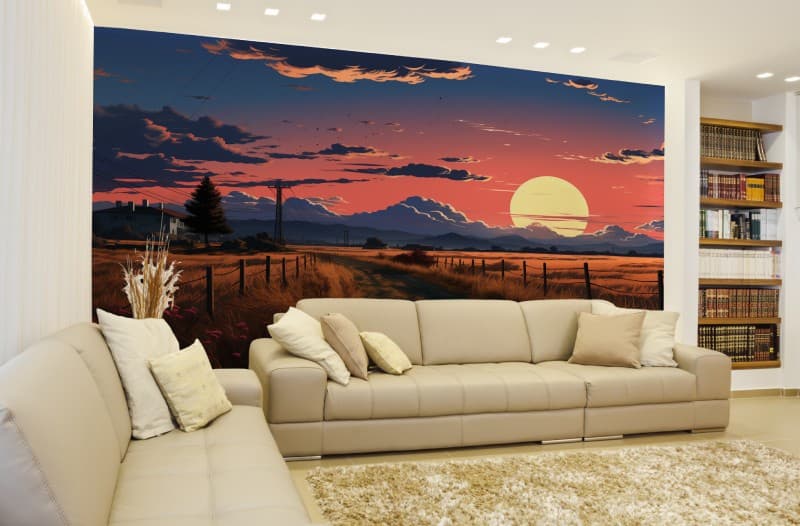 Beautiful Sunset Landscape Wallpaper Mural shown in a room