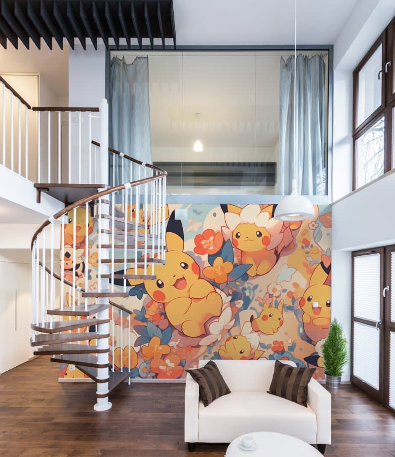 Cute Pikachu Anime Mural Wallpaper shown in a room