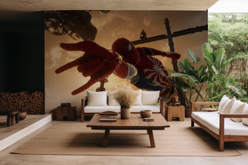 Flying Spiderman Wallpaper Mural shown in a room