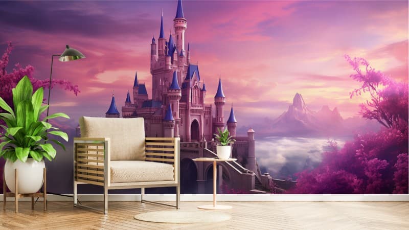 Majestic Fairy Tale Castle Wallpaper Mural shown in a room