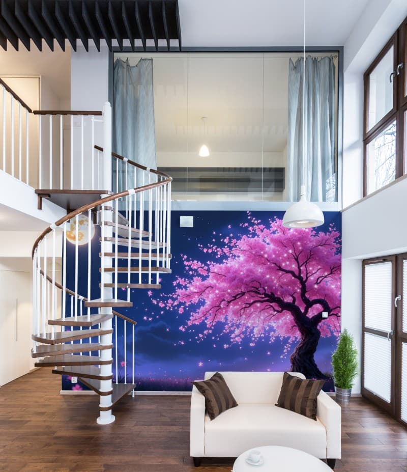 Sakura Tree in Beautiful Night Wallpaper Mural shown in a room