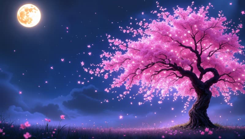Sakura Tree in Beautiful Night Wallpaper Mural pattern detail