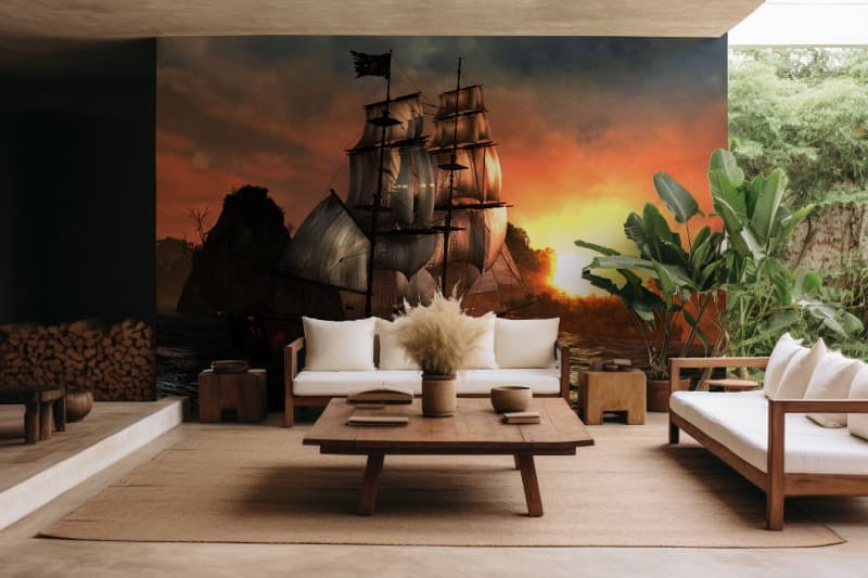 Ship in The Ocean Seascape Wallpaper Mural shown in a room