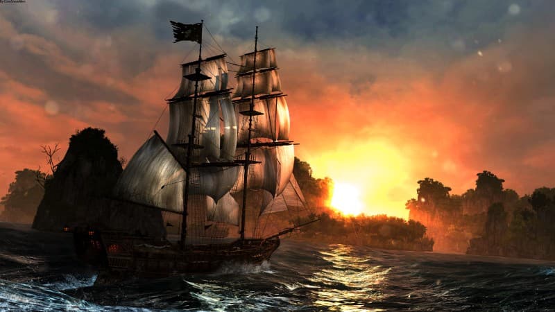 Ship in The Ocean Seascape Wallpaper Mural pattern detail