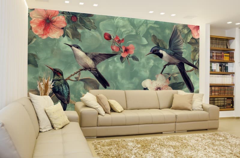 Spring Revival Serene Birds Wallpaper Mural shown in a room