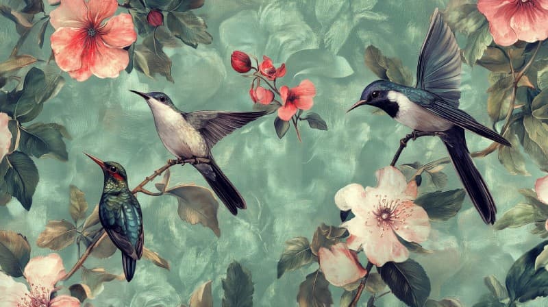 Spring Revival Serene Birds Wallpaper Mural pattern detail
