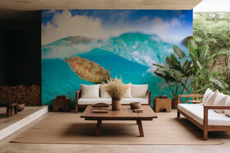 Turtle in Natural Blue Sea Wallpaper Mural shown in a room