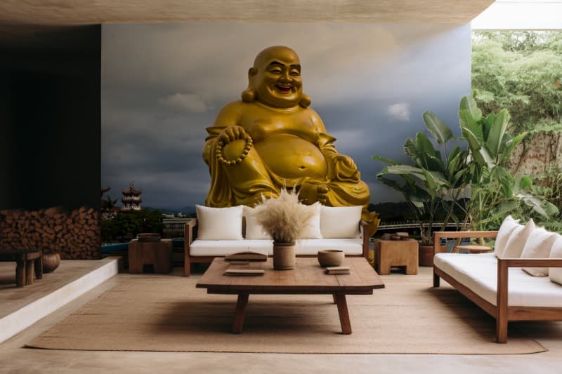 Luxury Golden Buddha Wall Design wallpaper shown in a room