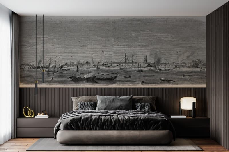 Old View of Kolkata Bay Wallpaper Mural shown in a room