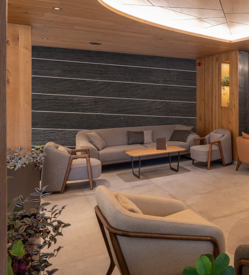 Noir Timber Symphony Wallpaper Mural shown in a room