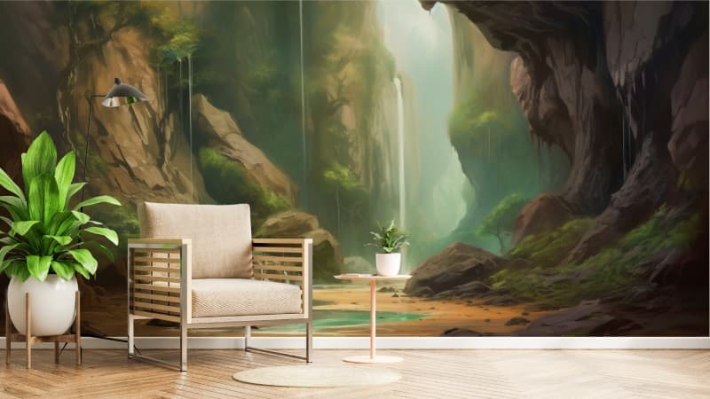 Chasm, Waterfall Cave Painting Wallpaper Mural shown in a room