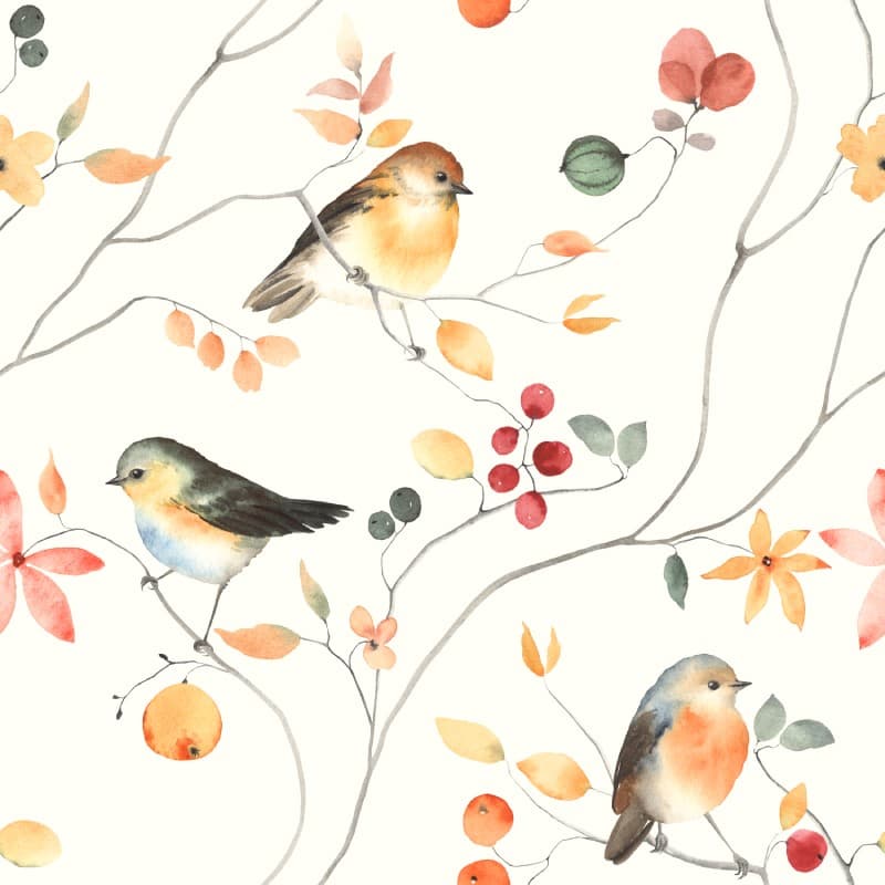 Watercolor Little Birdies Garden Wallpaper Mural pattern detail