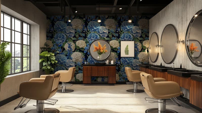 Aesthetic Blue Garden Flowers Wallpaper Mural shown in a room
