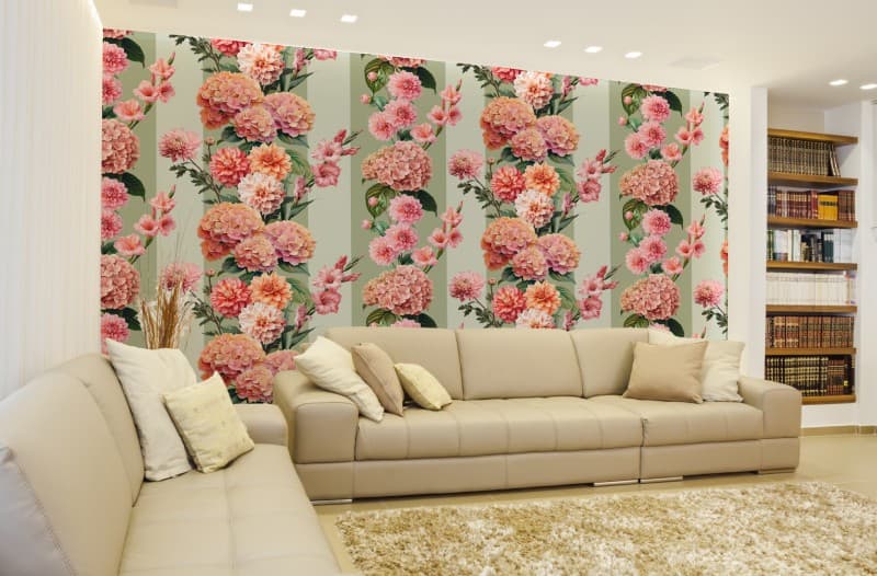 Beautiful Pink Garden Flowers Wallpaper Mural shown in a room