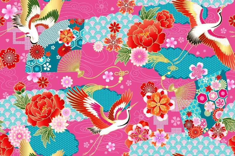 Korean Floral Motifs and Cranes Wallpaper Mural pattern detail