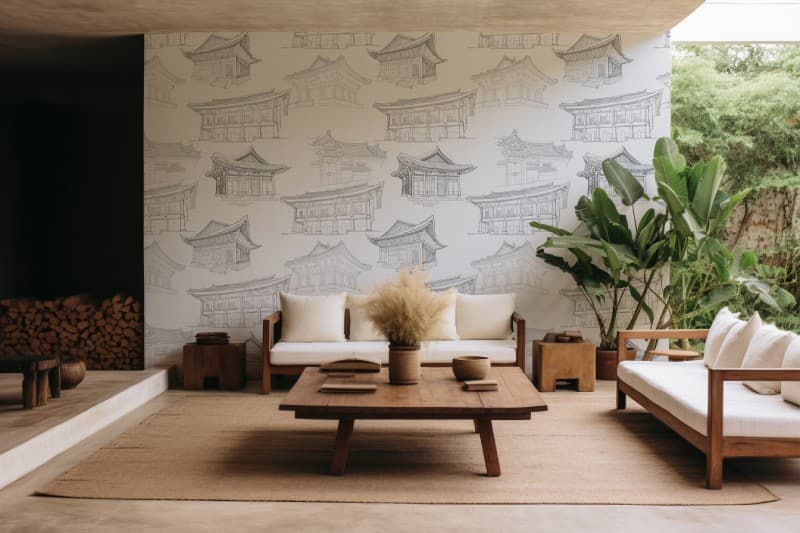Korean Hanok Houses Sketch Art Wallpaper Mural shown in a room