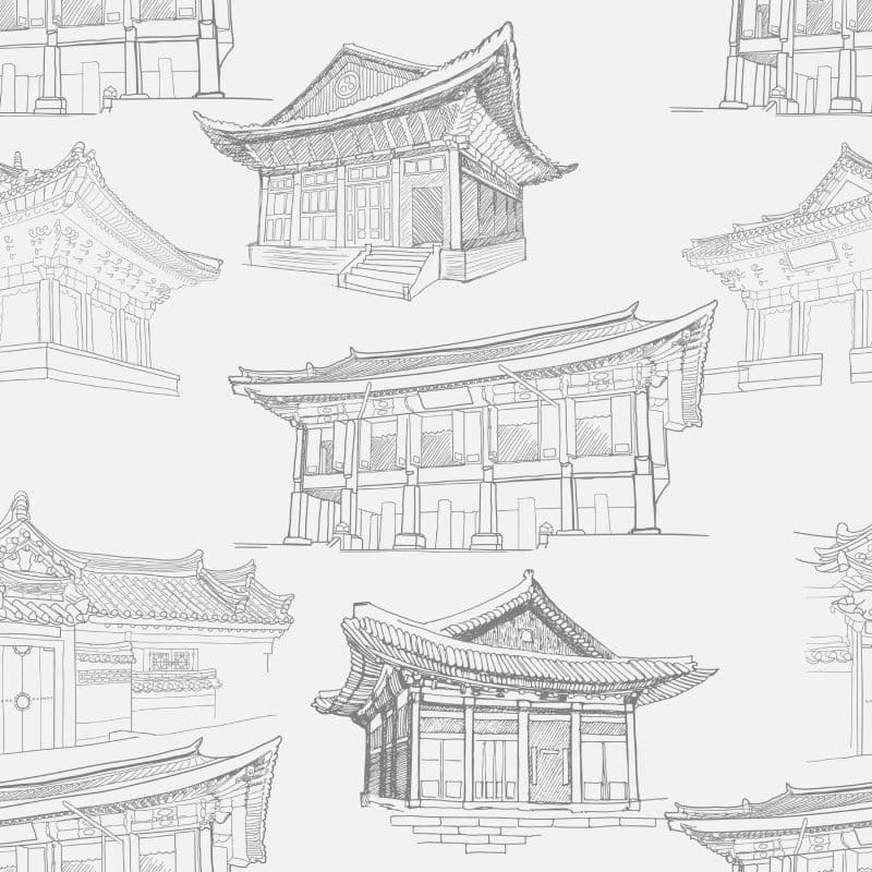 Korean Hanok Houses Sketch Art Wallpaper Mural pattern detail