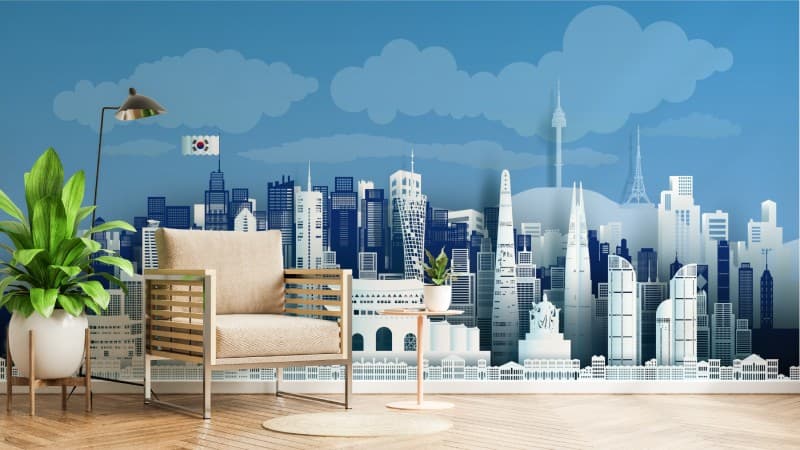 Korean Skyline Cityscape Wallpaper Mural shown in a room
