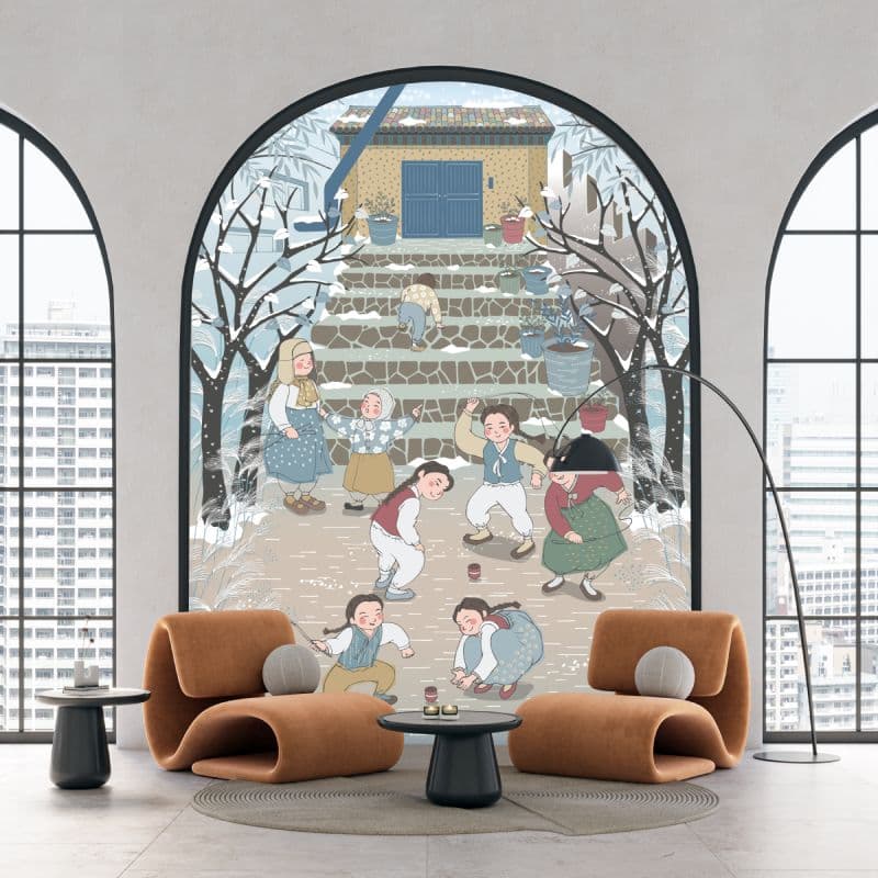 Korean Winter Art Wallpaper Mural shown in a room