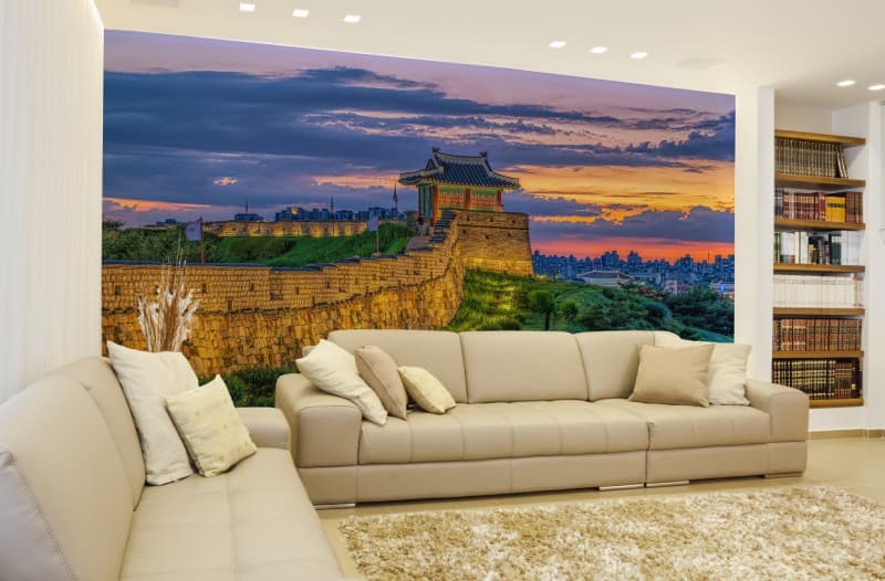 Landscape of Hwaseong Fortress Wallpaper Mural shown in a room
