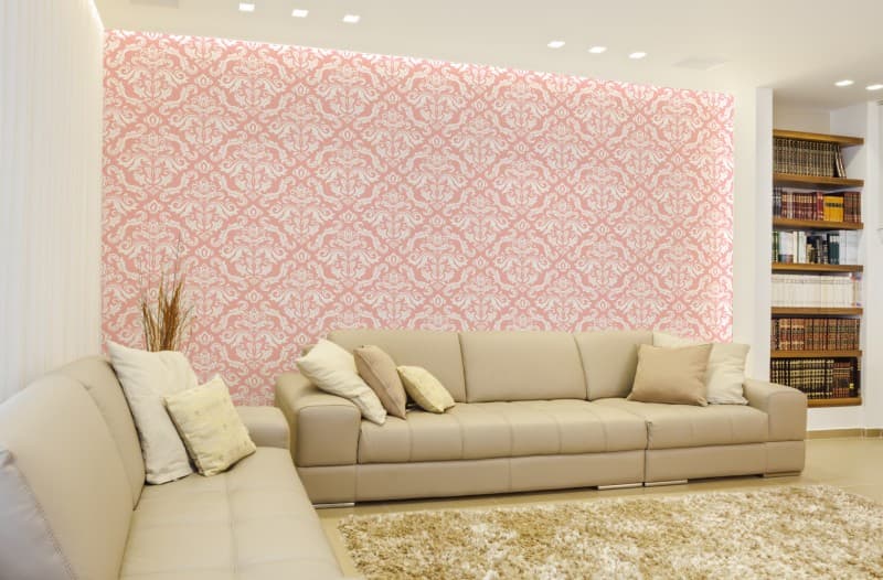 Arabesque Pink Rosette Damask Wallpaper Mural shown in a room