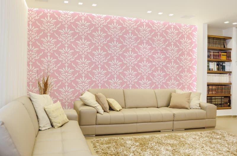 Ballet Pink Flourish Damask Wallpaper shown in a room