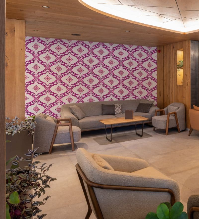 Silken Blush Baroque Wallpaper Mural shown in a room