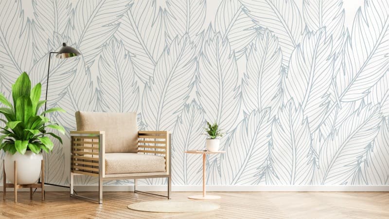 Elegant Soft Blue Feather Pattern Art Design wallpaper shown in a room