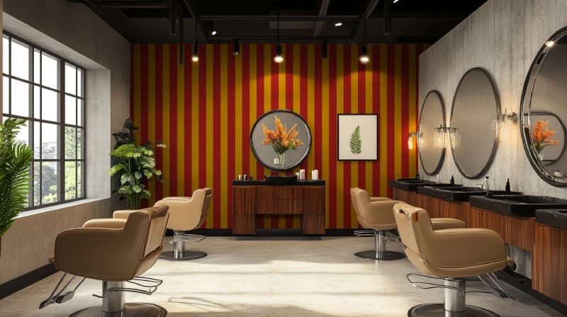 Red and Yellow Stripe Wallpaper Mural shown in a room