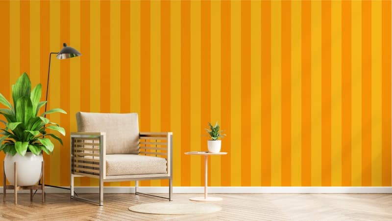 Yellow and Orange Striped Wallpaper Mural shown in a room