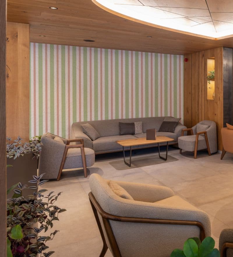 Pastel Pink Teal Stripes Wallpaper Mural shown in a room