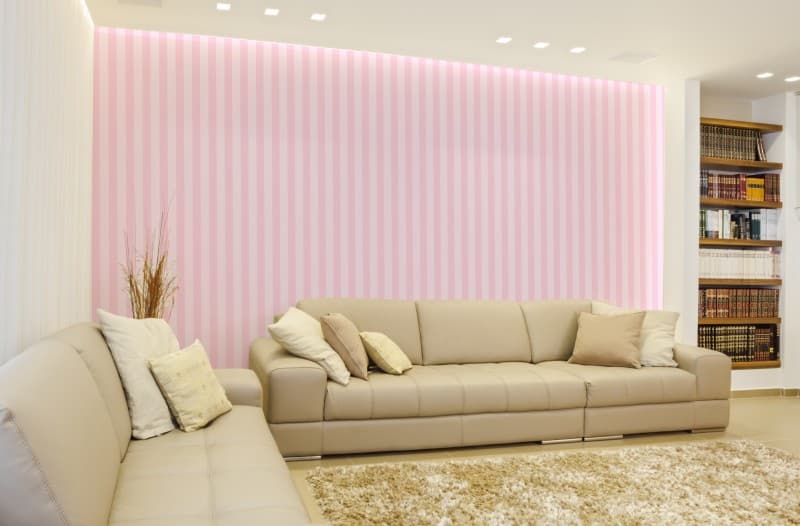 Soft Baby Pink Stripes Wallpaper Mural shown in a room