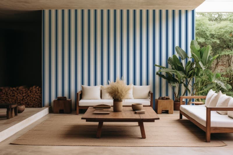 Elegant Steel Blue and White Wallpaper Mural shown in a room