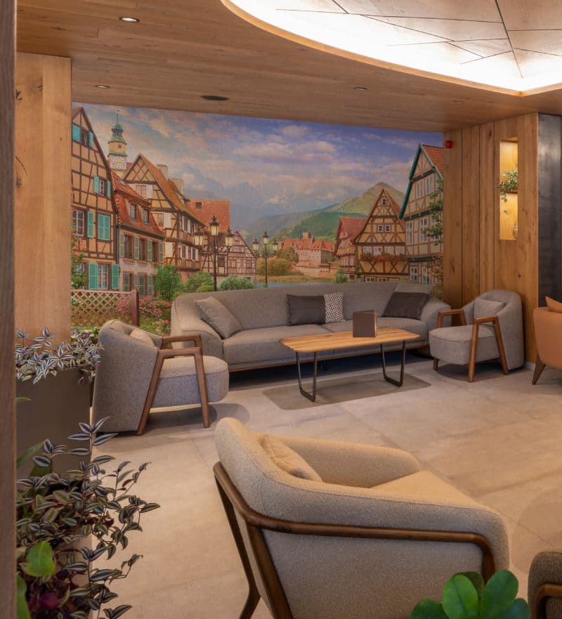 Bavarian Alps Mountain Landscape Mural shown in a room