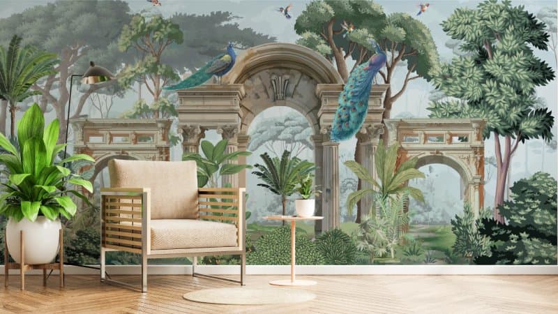 Heritage Indian Garden Mural Wallpaper shown in a room