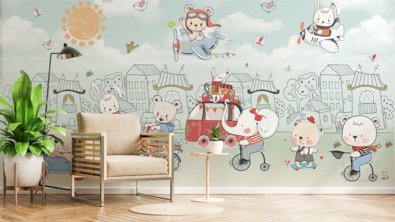 Kids Room Cute Baby Animals Wallpaper Mural shown in a room