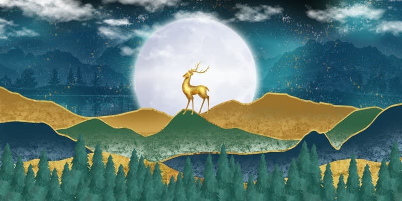 Moonlit Meadow with Golden Deer Wallpaper Mural pattern detail