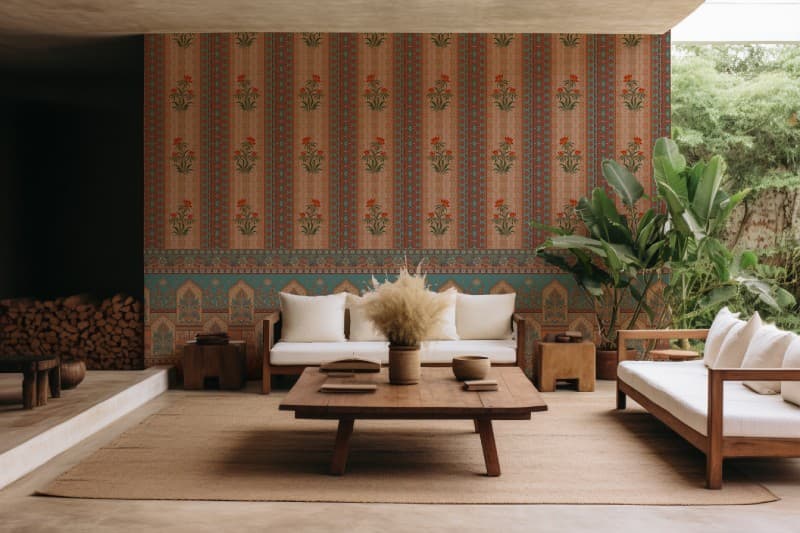 Vibrant Paisley Blooms Patterned Wallpaper shown in a room