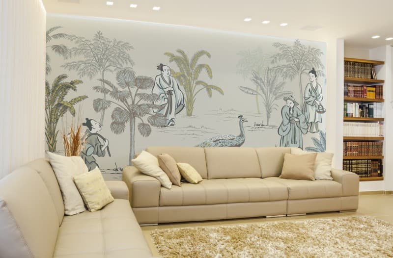 Vintage Chinese Travellers Wallpaper Mural shown in a room