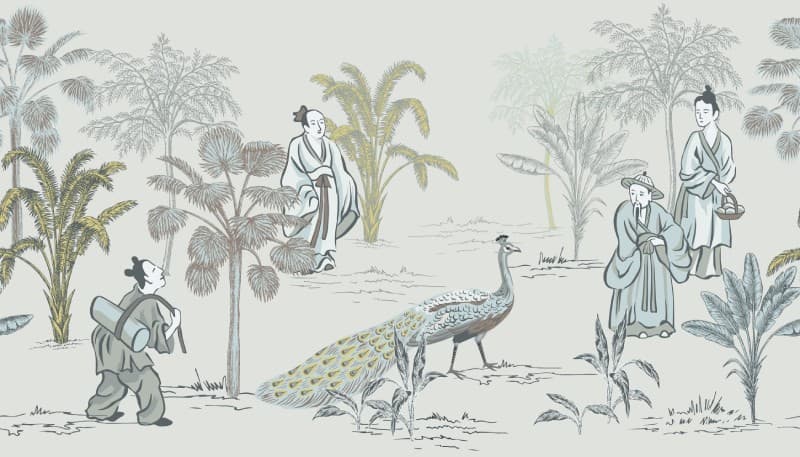 Vintage Chinese Travellers Wallpaper Mural pattern detail