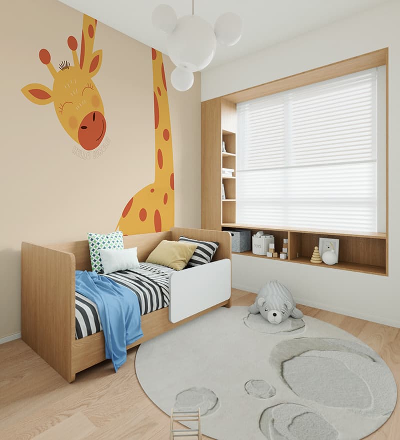 Peekaboo, Jungle Joy Giraffe Mural, Customized shown in a room