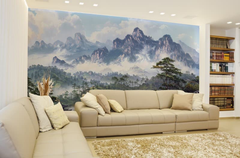 Shailavan, Scenic Misty Mountain View Wallpaper Mural shown in a room