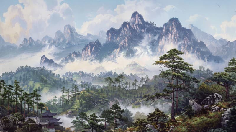 Shailavan, Scenic Misty Mountain View Wallpaper Mural pattern detail